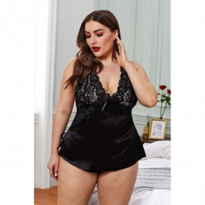 Sets Sexy Plus Size Satin Pajamas Sets Luxury Babydoll 1X-5X - T Black Enticing Words Cami Shorts Set - CM1999TDU9C