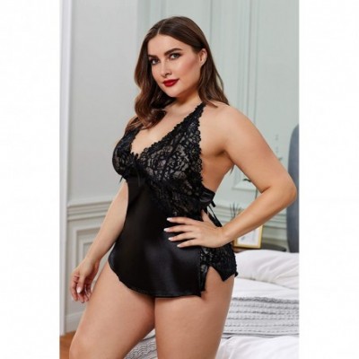 Sets Sexy Plus Size Satin Pajamas Sets Luxury Babydoll 1X-5X - T Black Enticing Words Cami Shorts Set - CM1999TDU9C