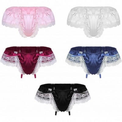 G-Strings & Thongs Men Sissy Jockss Shiny Satin Lingerie Layers Floral Lace Back Big Bowknot Bikini Thong Strings Panties - B...