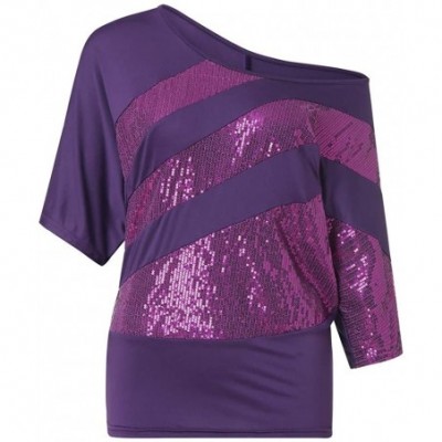 Tops 2019 Womens Sequined T-Shirt Off-Shoulder - Purple - CI18TY8DDTT