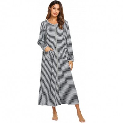 Robes Women Long House Coat Zipper Front Robes Full Length Nightgowns with Pockets Striped Loungewear - Pt5 - CK18NCM93G6