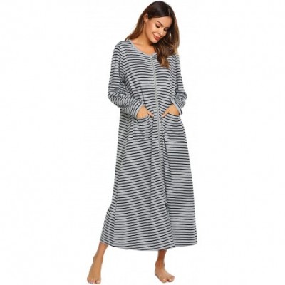 Robes Women Long House Coat Zipper Front Robes Full Length Nightgowns with Pockets Striped Loungewear - Pt5 - CK18NCM93G6