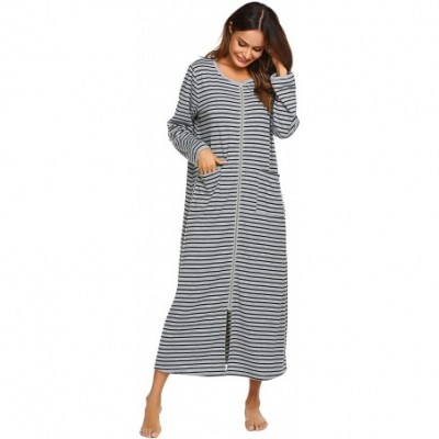 Robes Women Long House Coat Zipper Front Robes Full Length Nightgowns with Pockets Striped Loungewear - Pt5 - CK18NCM93G6