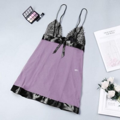 Slips Fashion New Plus Size Women Lace Lingerie Nightdress Bowknot Backless Sleepwear - Purple - CT18TTLTIDD