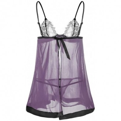 Slips Fashion New Plus Size Women Lace Lingerie Nightdress Bowknot Backless Sleepwear - Purple - CT18TTLTIDD