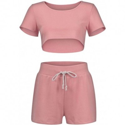 Tops Women Home Fashion Brief Solid Elastic Waist Shorts Two-Piece Tracksuit Sets - Pink - C21906WMWTS