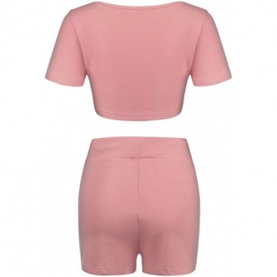 Tops Women Home Fashion Brief Solid Elastic Waist Shorts Two-Piece Tracksuit Sets - Pink - C21906WMWTS