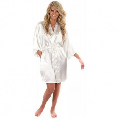 Robes Women Silk Satin Short Night Robe Kimono Robe Bath Robe Sexy Bathrobe Bride Bridesmaid Robe - Wine - C519C8ZSO7Y