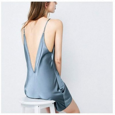 Nightgowns & Sleepshirts Deep V Ice Silk Nightdress Sexy Reveal Back Nightgown Satin Sleepwear - blue grey - CM19C24AM7H