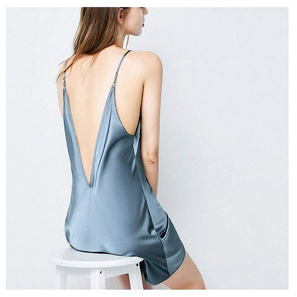 Nightgowns & Sleepshirts Deep V Ice Silk Nightdress Sexy Reveal Back Nightgown Satin Sleepwear - blue grey - CM19C24AM7H