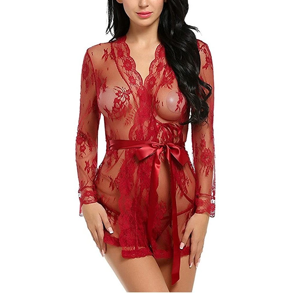 Robes Women's Lace Kimono Mesh Babydoll Lingerie Robe Nightgown - Dark Red - CU188STKQIZ