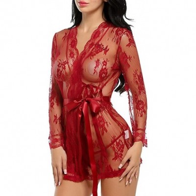 Robes Women's Lace Kimono Mesh Babydoll Lingerie Robe Nightgown - Dark Red - CU188STKQIZ