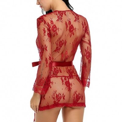 Robes Women's Lace Kimono Mesh Babydoll Lingerie Robe Nightgown - Dark Red - CU188STKQIZ