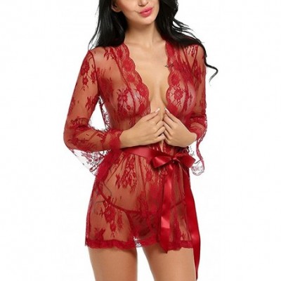 Robes Women's Lace Kimono Mesh Babydoll Lingerie Robe Nightgown - Dark Red - CU188STKQIZ