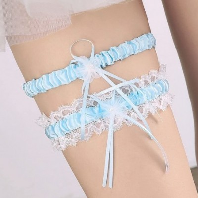 Garters & Garter Belts Women's Lace Ruffle Satin Garter with 2 Pieces Packing for Wedding Bride BT090 - Sky Blue/Ivory - CL18...