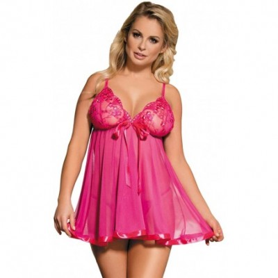 Baby Dolls & Chemises Women's Lingerie Lace Babydoll V Neck Strap Sleepwear Chemise Mesh Sleepwear M-6XL - Style 1 Pink - CD1...