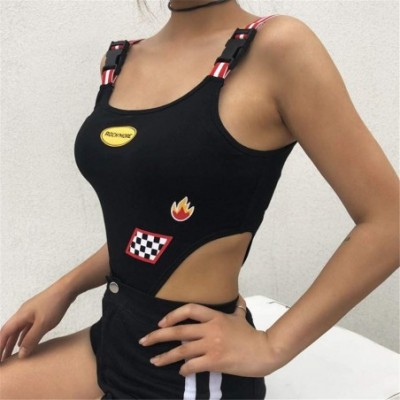 Shapewear Women Strappy Checkerboard and Fire Print Striped Patchwork High Waist Bodysuits - Black - C518IGAHZSY