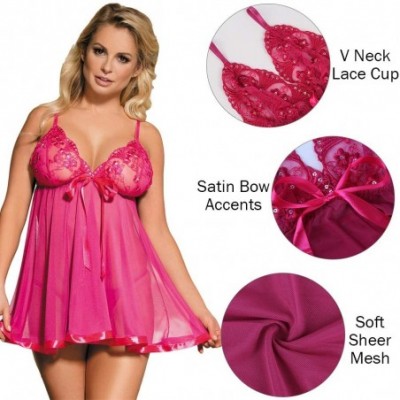 Baby Dolls & Chemises Women's Lingerie Lace Babydoll V Neck Strap Sleepwear Chemise Mesh Sleepwear M-6XL - Style 1 Pink - CD1...