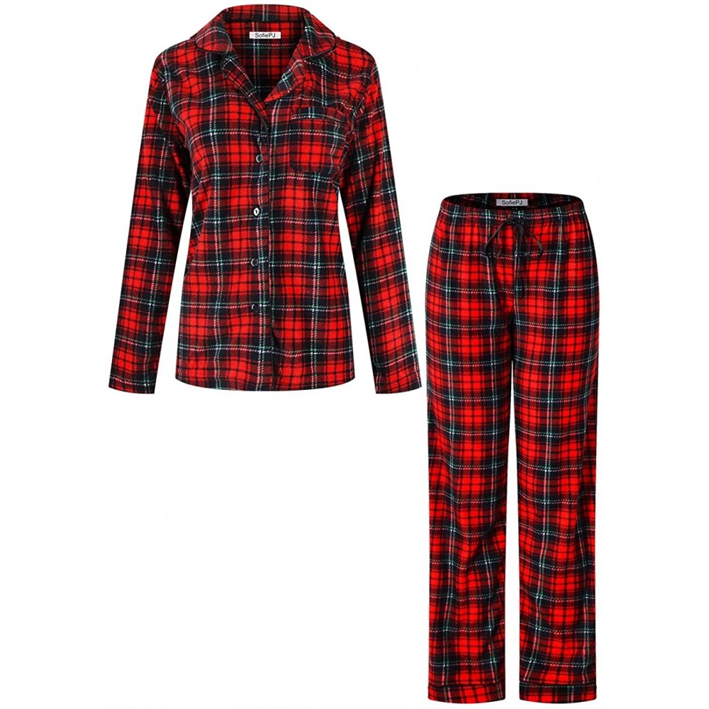 Sets Women's Warm Plush Soft Fleece Button Down Pajama Gift Set - Red Plaid - C618AH94AEN