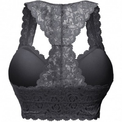 Bras Women's Sexy Floral Lace Racerback Wireless Mesh Bralette Bra Top - Gray (Padded) - CE194RUSUS5