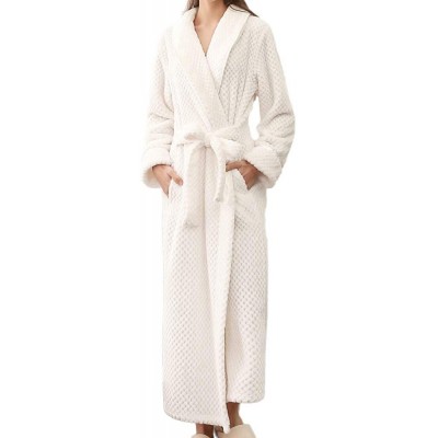 Robes Womens Dressing Gown Soft Plush Bath Robe Housecoat Loungewear Bathrobe Coral Fleece Thick Luxury Nightwear White - CU1...