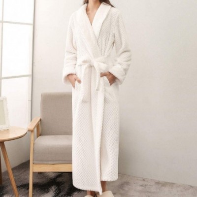 Robes Womens Dressing Gown Soft Plush Bath Robe Housecoat Loungewear Bathrobe Coral Fleece Thick Luxury Nightwear White - CU1...