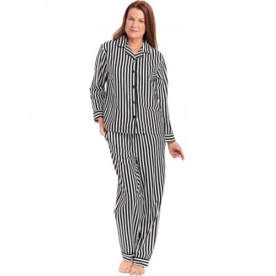 Sets Women's Warm Flannel Pajama Set- Long Novelty Button Down Cotton Pjs - Black and White Striped - C911VKX6PCF