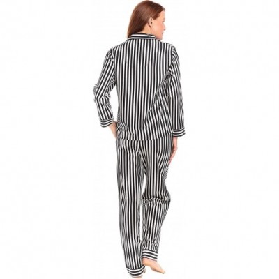 Sets Women's Warm Flannel Pajama Set- Long Novelty Button Down Cotton Pjs - Black and White Striped - C911VKX6PCF