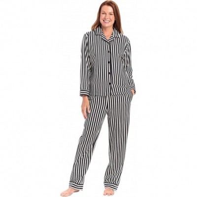 Sets Women's Warm Flannel Pajama Set- Long Novelty Button Down Cotton Pjs - Black and White Striped - C911VKX6PCF