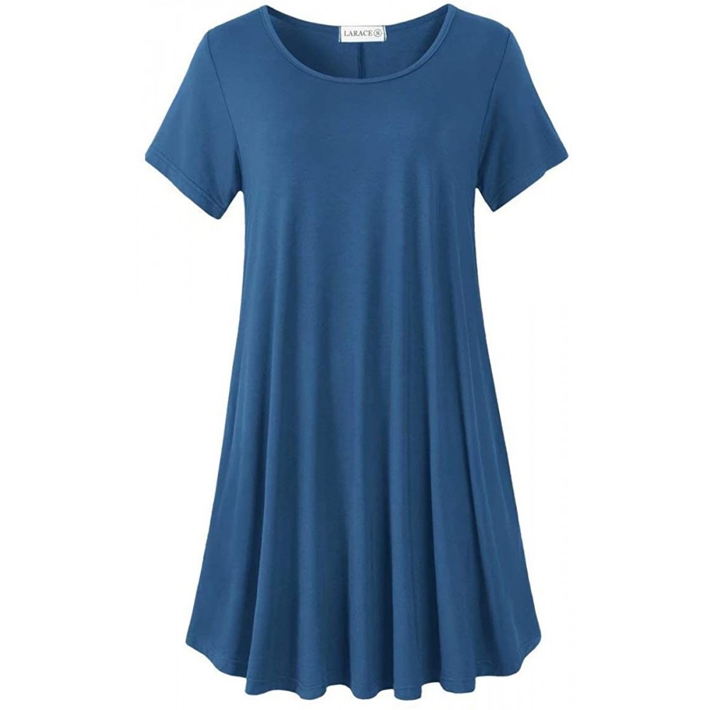 Nightgowns & Sleepshirts Women's Short Sleeve Swing Tunic Casual Pockets Loose T Shirt Dress - Steel Blue - CR18SSW473O