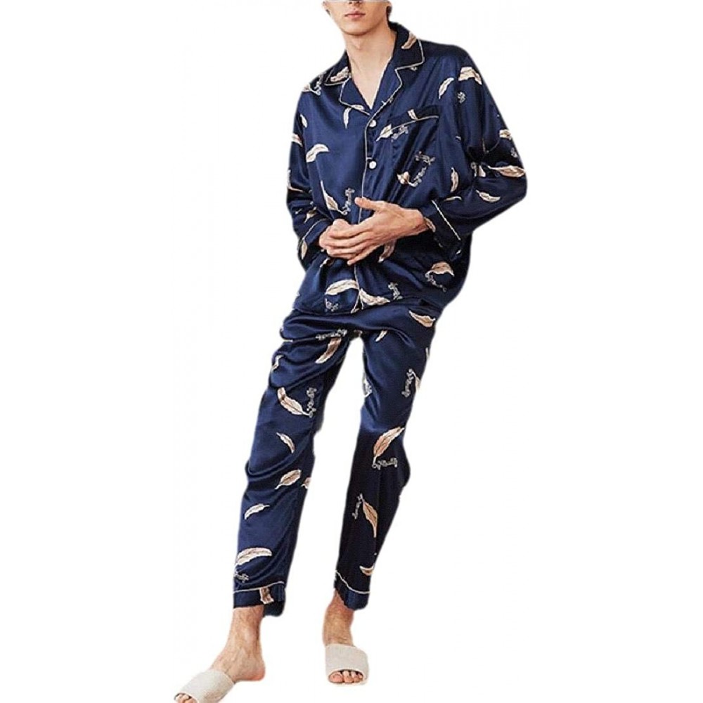 Sleep Sets Men's Sleepwear Silk Pajamas Set Long Sleeve Loungewear Suit Sets - 2 - CC1992YN63K