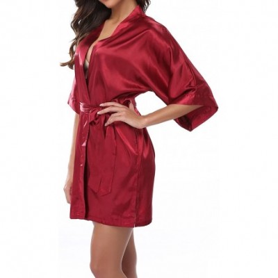 Robes Womens Short Satin Kimono Robe for Wedding Bridal Party Bridesmaid Robe - Wine Red - C2189A6TSNT