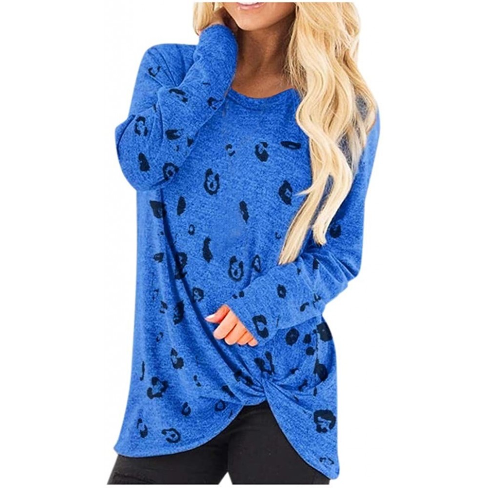 Garters & Garter Belts Women Printed Blouse Comfortable Long Sleeve Hem Knotted Shirt Tops Tunics Casual Shirt - Blue - CV193...