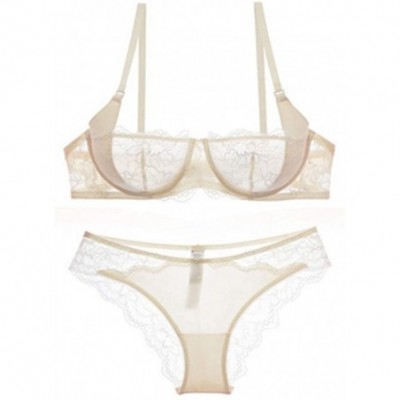 Bras Women See-Though Non Padding Underwire Lace Sheer Bra and Panties Sets - White - CT185257GWY