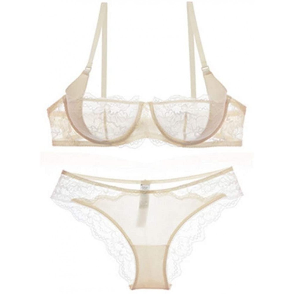 Bras Women See-Though Non Padding Underwire Lace Sheer Bra and Panties Sets - White - CT185257GWY