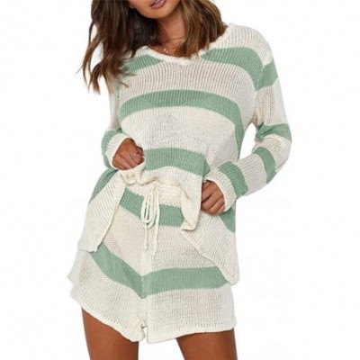 Sets Womens Stripe Knit Long Sleeve Tops and Shorts Color Block 2 Piece Pajamas Set Sleepwear - Green - CA190HYYLO4