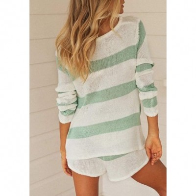 Sets Womens Stripe Knit Long Sleeve Tops and Shorts Color Block 2 Piece Pajamas Set Sleepwear - Green - CA190HYYLO4