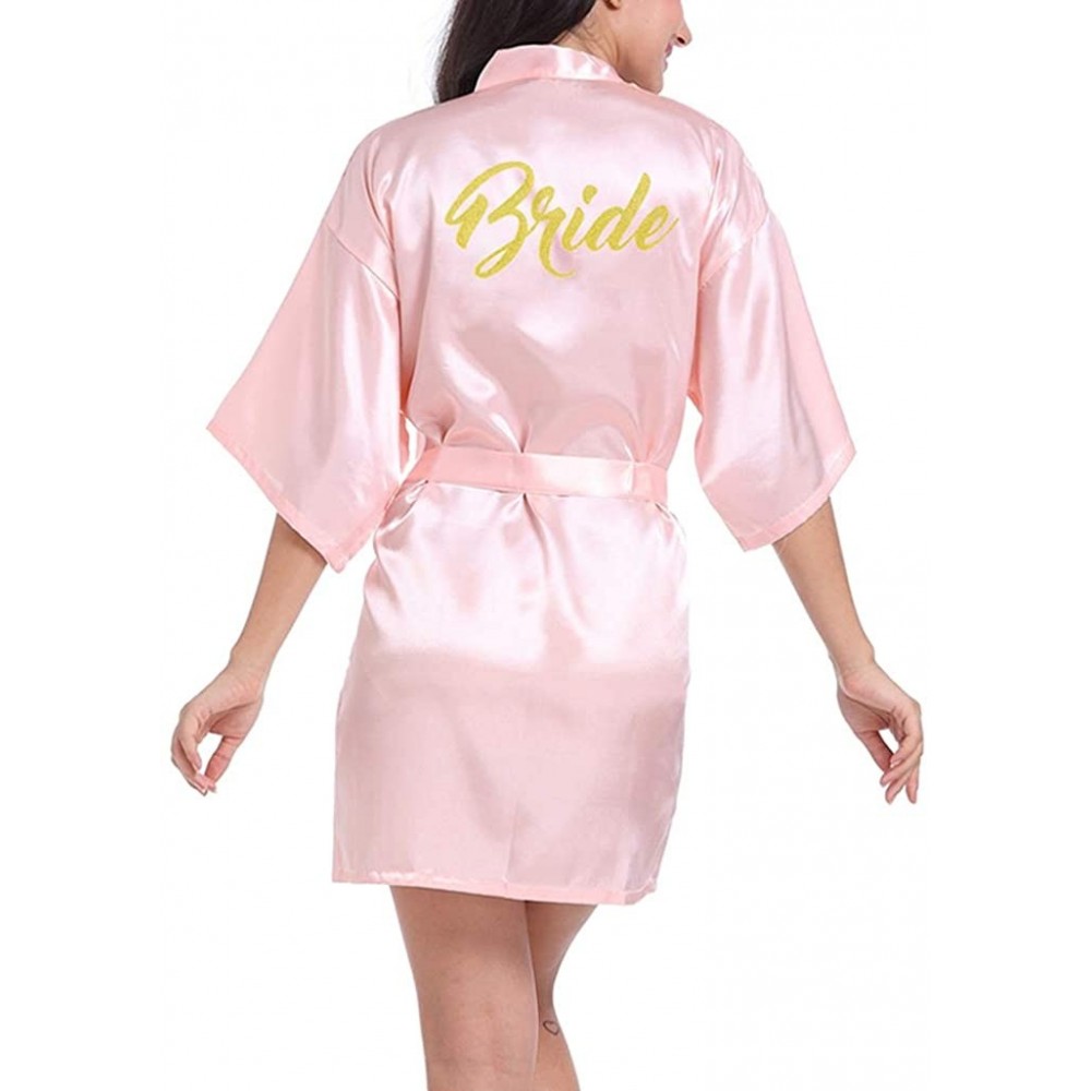 Robes Womens Satin Kimono Short Robe for Bride Wedding Party Getting Ready Robes with Gold Glitter Dressing Gown Pink - CP19E...