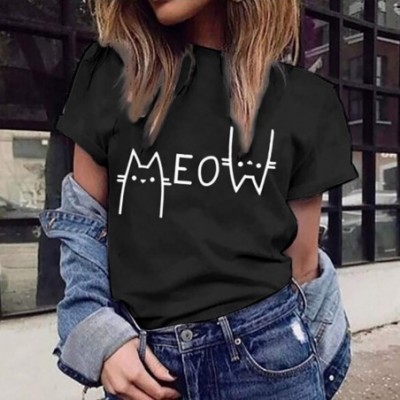 Thermal Underwear Fashion Women's Casual T-Shirt Loose Short-Sleeved Leaf Print O-Neck Top - Black G - CN194OY773H