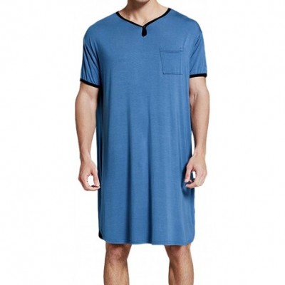 Sleep Tops Men's Summer Nightshirt- Comfy V Neck Short Sleeve Soft Loose Pajama Sleep Shirt - Blue - CU19CA8A7EU