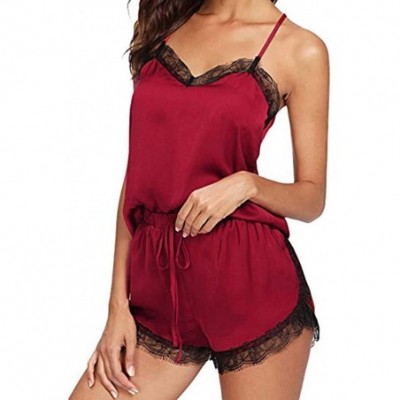 Slips Women Sleepwear Sleeveless Strap Nightwear Lace Trim Satin Cami Top Pajama Sets - Winered - CW18ULW6TWS