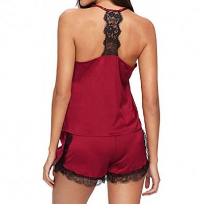 Slips Women Sleepwear Sleeveless Strap Nightwear Lace Trim Satin Cami Top Pajama Sets - Winered - CW18ULW6TWS