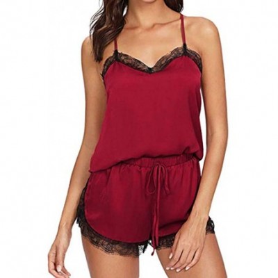 Slips Women Sleepwear Sleeveless Strap Nightwear Lace Trim Satin Cami Top Pajama Sets - Winered - CW18ULW6TWS