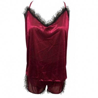 Slips Women Sleepwear Sleeveless Strap Nightwear Lace Trim Satin Cami Top Pajama Sets - Winered - CW18ULW6TWS