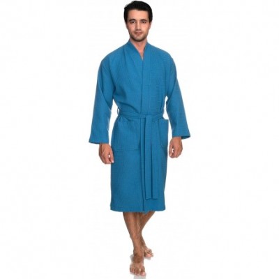 Robes Men's Robe- Kimono Waffle Spa Bathrobe - Mediterranean Blue - CU183RER37U