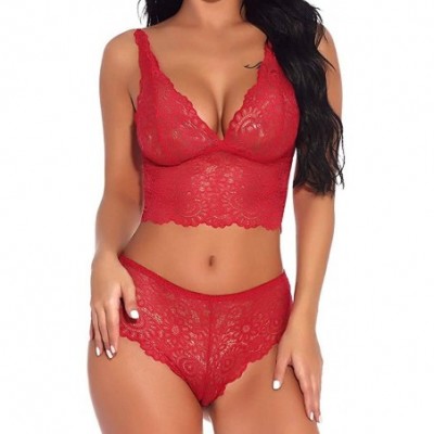 Sets Women Sexy Lace Bra and Panty Set Bralette Lingerie Lace Babydoll Bodysuit Intimate Thongs - Red - CO18XDO9MNG