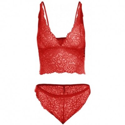 Sets Women Sexy Lace Bra and Panty Set Bralette Lingerie Lace Babydoll Bodysuit Intimate Thongs - Red - CO18XDO9MNG