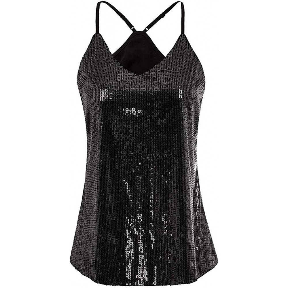 Camisoles & Tanks Women's Sequined Camisole Shining Glitter Crop Top Shimmer Sequin Club Crop Tank - Black - C51966ACNZ0