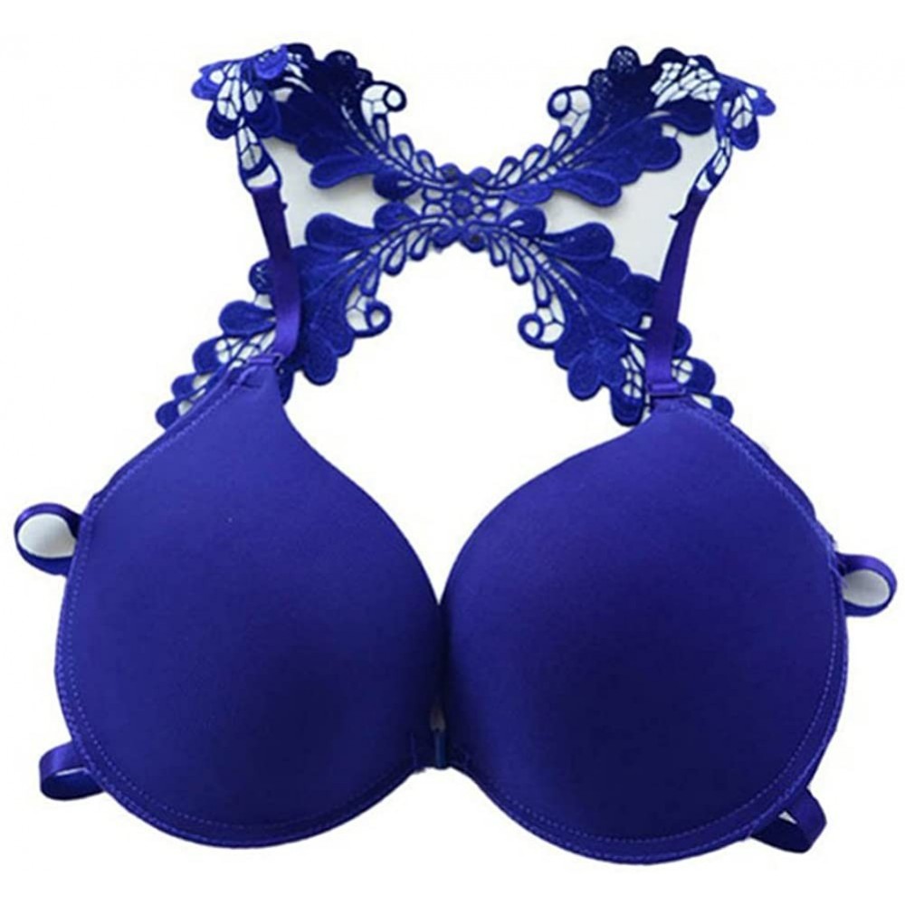 Bras Women Front Closure Lace Racer Back Push Up Seamless Bra Racerback Bra - Blue - CZ183LO4K5D