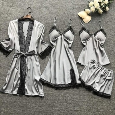 Slips Sexy Pajamas Set for Women Silky Sleepwear Sets Silk Satins Lace Strap Nightdress Robe Shorts & Cami Nightwear Home Wea...